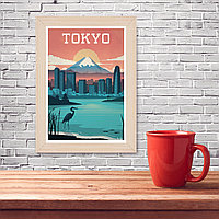Ретро постер (плакат) "Токио" на стену для интерьера. Любые размеры В деревянной рамке (цвет сосна)