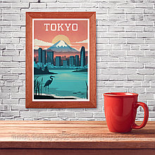 Ретро постер (плакат) "Токио" на стену для интерьера. Любые размеры В деревянной рамке (цвет орех)