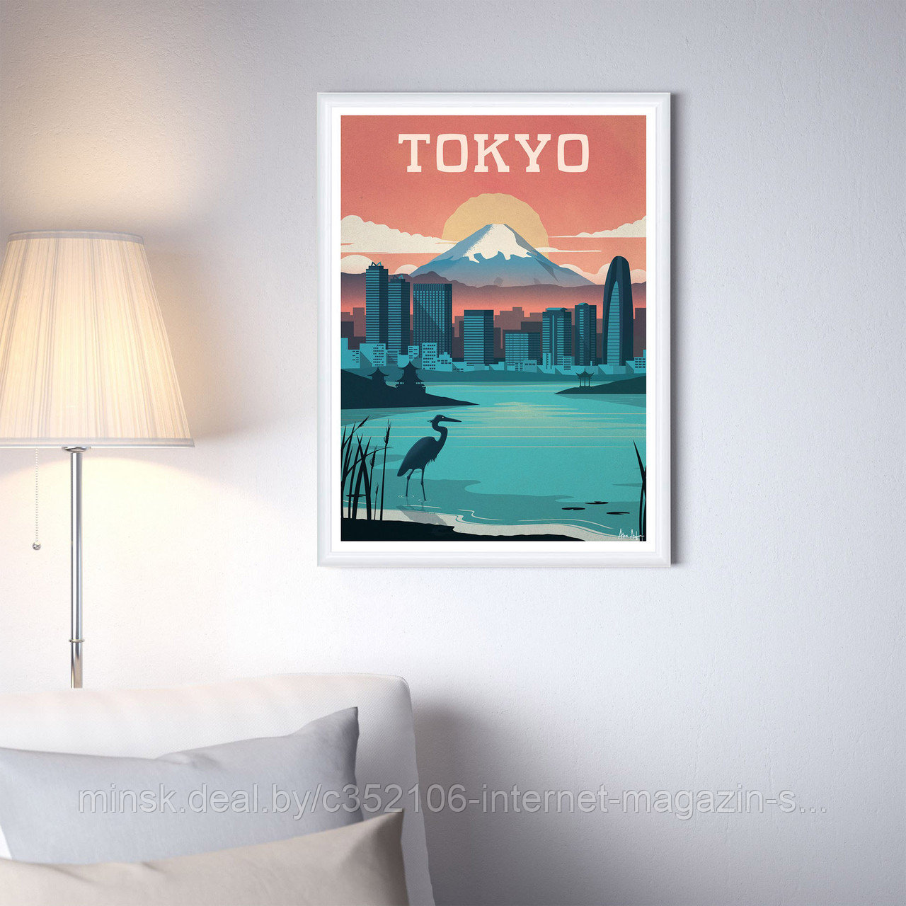 Ретро постер (плакат) "Токио" на стену для интерьера. Любые размеры В пластиковой рамке (белая)