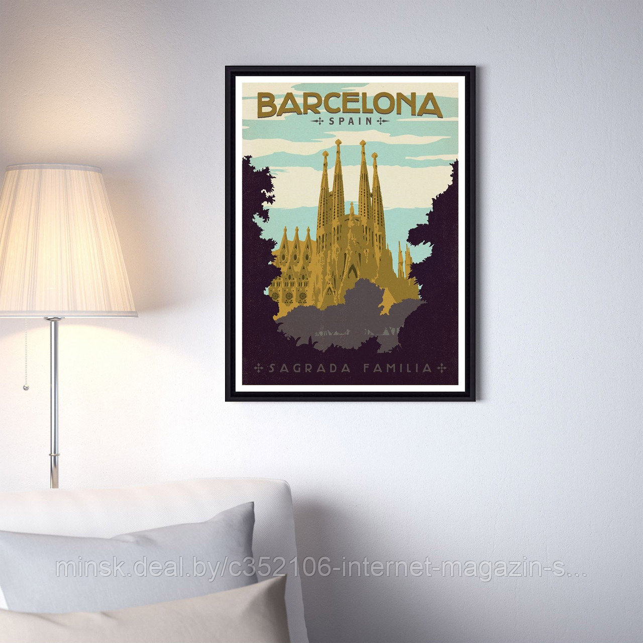 Ретро постер (плакат) "Барселона" на стену для интерьера. Любые размеры В пластиковой рамке (черная)