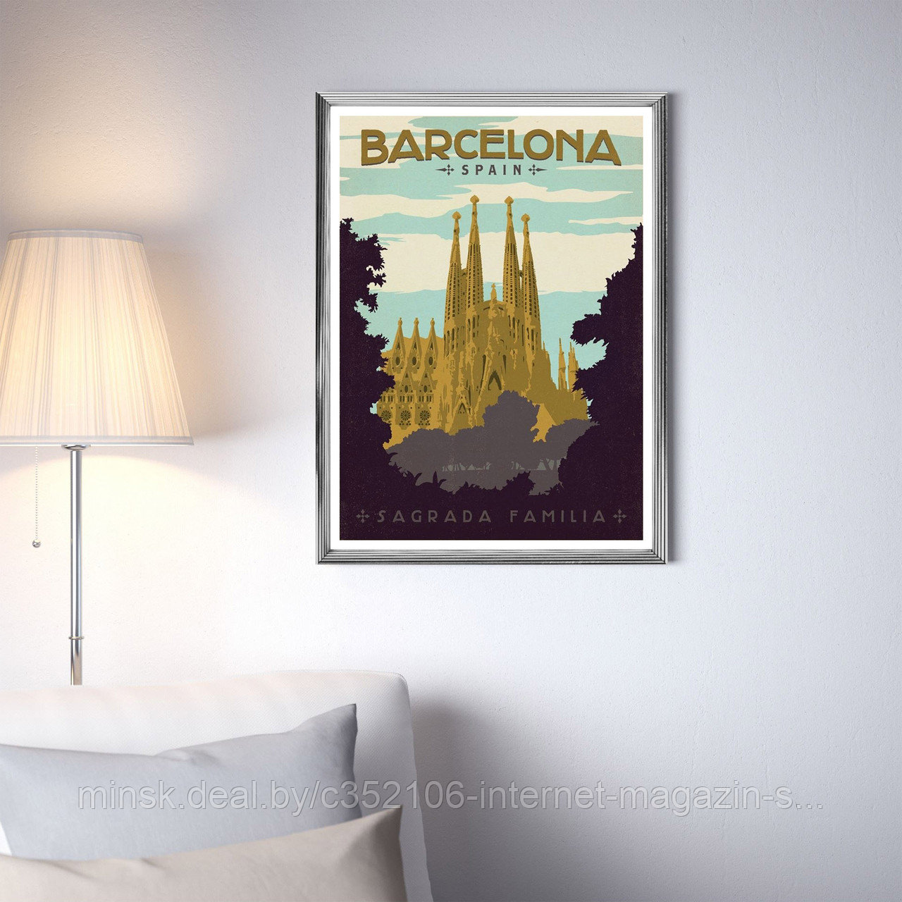 Ретро постер (плакат) "Барселона" на стену для интерьера. Любые размеры В пластиковой рамке (серебряная) - фото 1 - id-p123689056