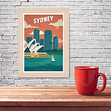 Ретро постер (плакат) "Сидней" на стену для интерьера. Любые размеры В деревянной рамке (цвет сосна)