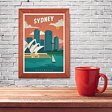 Ретро постер (плакат) "Сидней" на стену для интерьера. Любые размеры В деревянной рамке (цвет орех)