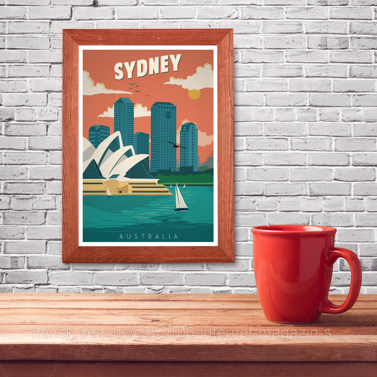 Ретро постер (плакат) "Сидней" на стену для интерьера. Любые размеры В деревянной рамке (цвет орех) - фото 1 - id-p123692016