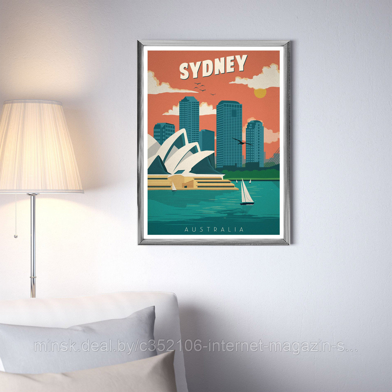 Ретро постер (плакат) "Сидней" на стену для интерьера. Любые размеры В пластиковой рамке (серебряная)