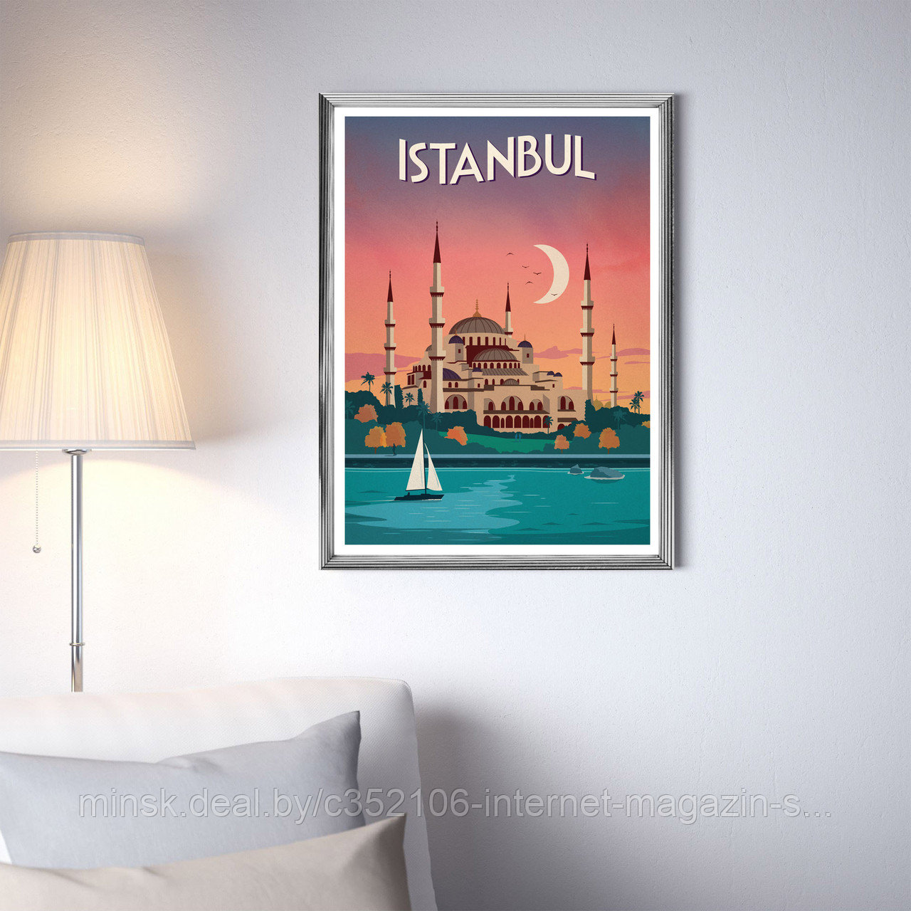 Ретро постер (плакат) "Стамбул" В пластиковой рамке (серебряная)