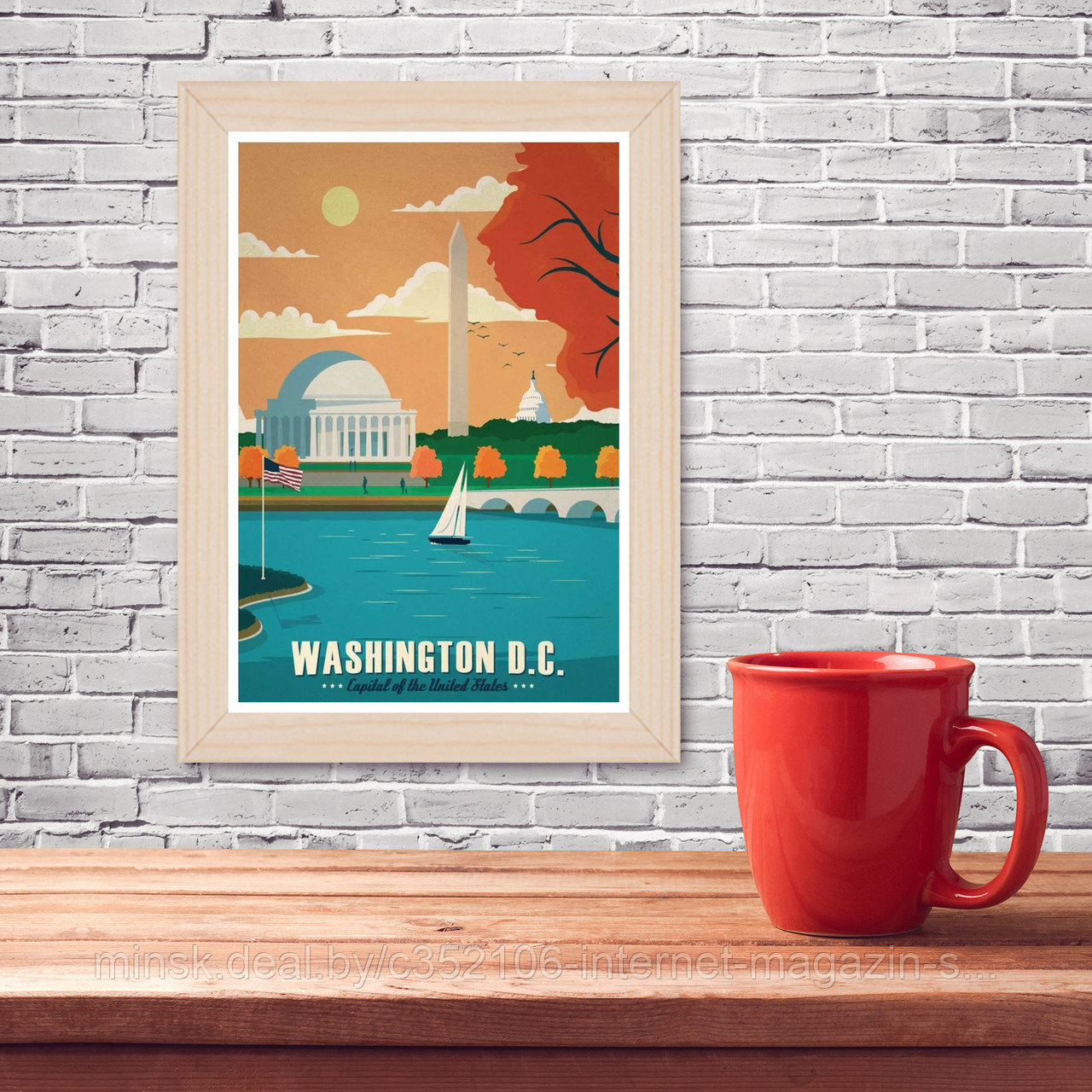 Ретро постер (плакат) "Вашингтон" В деревянной рамке (цвет сосна) - фото 1 - id-p123692122