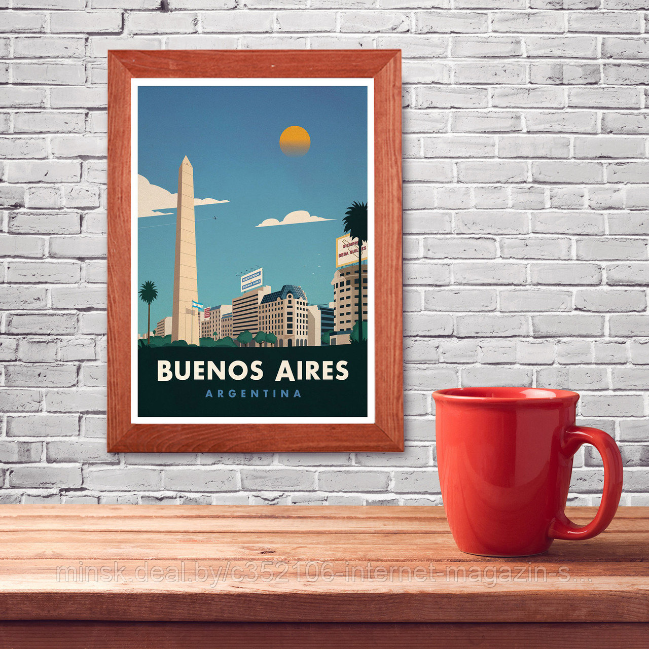 Ретро постер (плакат) "Буэнос Айрес" В деревянной рамке (цвет орех)