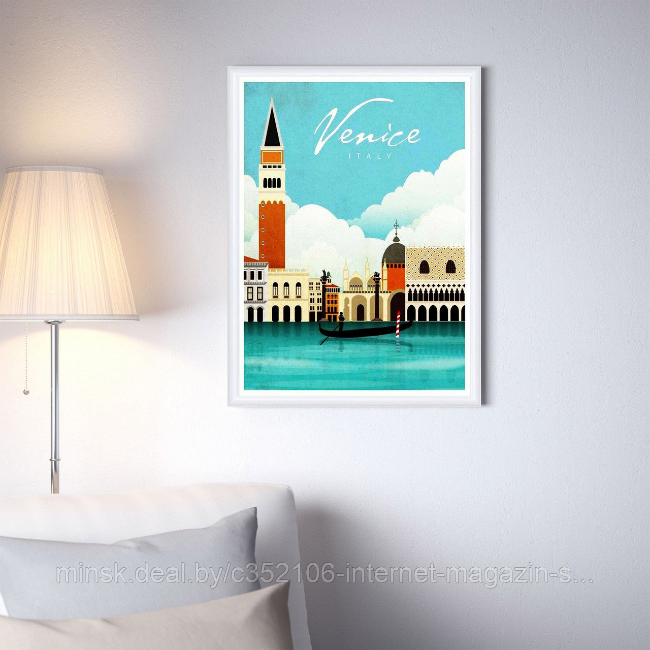 Ретро постер (плакат) "Венеция" В пластиковой рамке (белая)