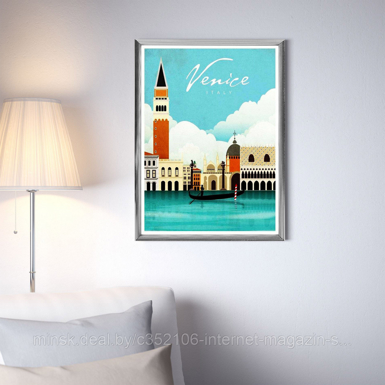 Ретро постер (плакат) "Венеция" В пластиковой рамке (серебряная)