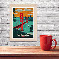 Ретро постер (плакат) "Сан Франциско" В деревянной рамке (цвет сосна)