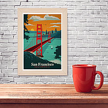 Ретро постер (плакат) "Сан Франциско" В деревянной рамке (цвет сосна)