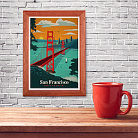 Ретро постер (плакат) "Сан Франциско" В деревянной рамке (цвет орех)