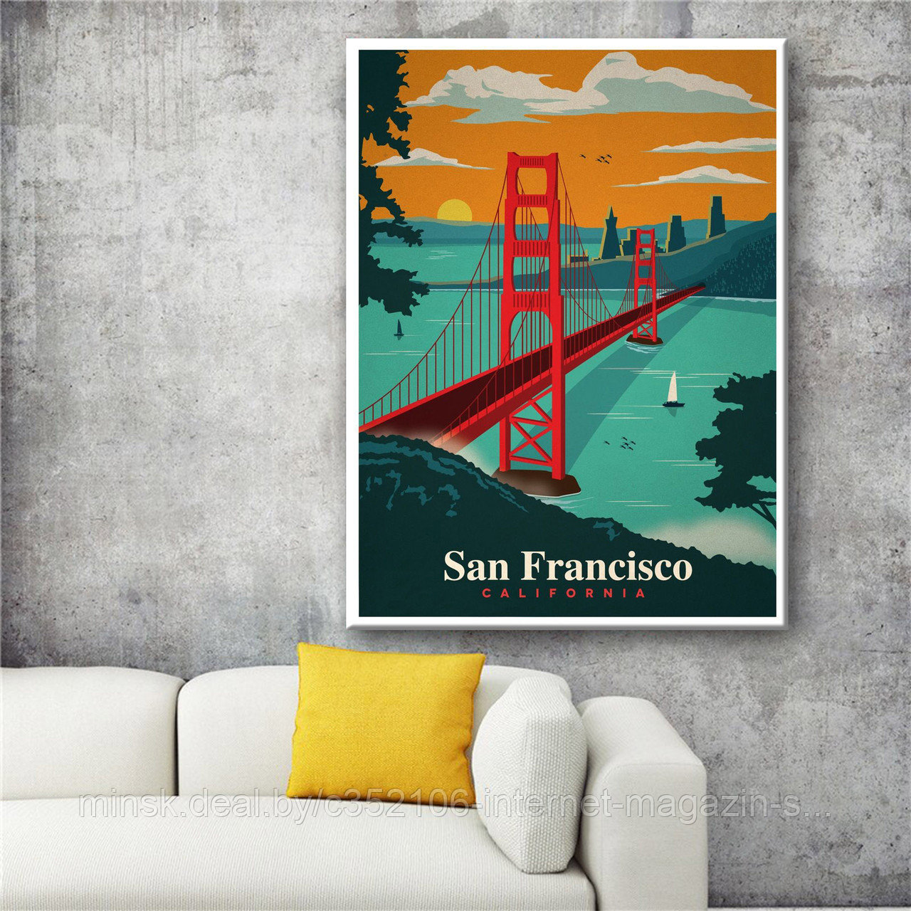 Ретро постер (плакат) "Сан Франциско" На холсте с подрамником