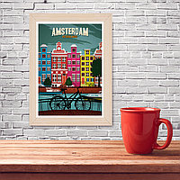 Ретро постер (плакат) "Амстердам" В деревянной рамке (цвет сосна)