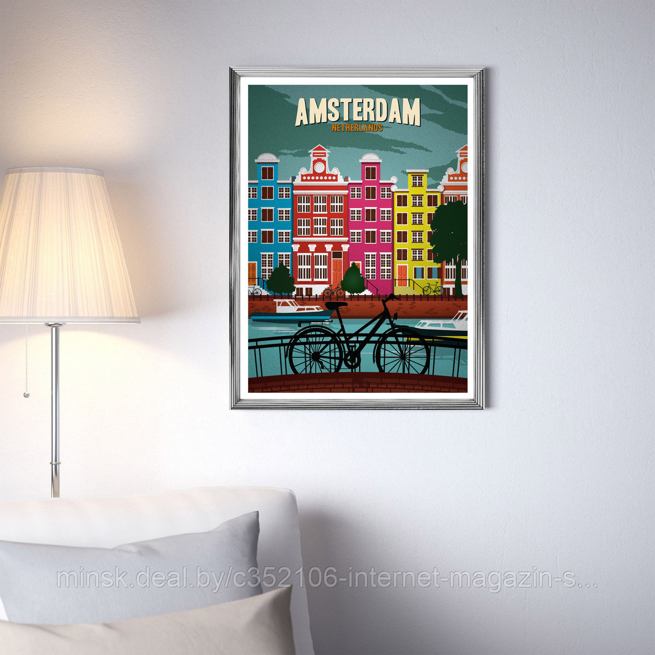Ретро постер (плакат) "Амстердам" В пластиковой рамке (серебряная)