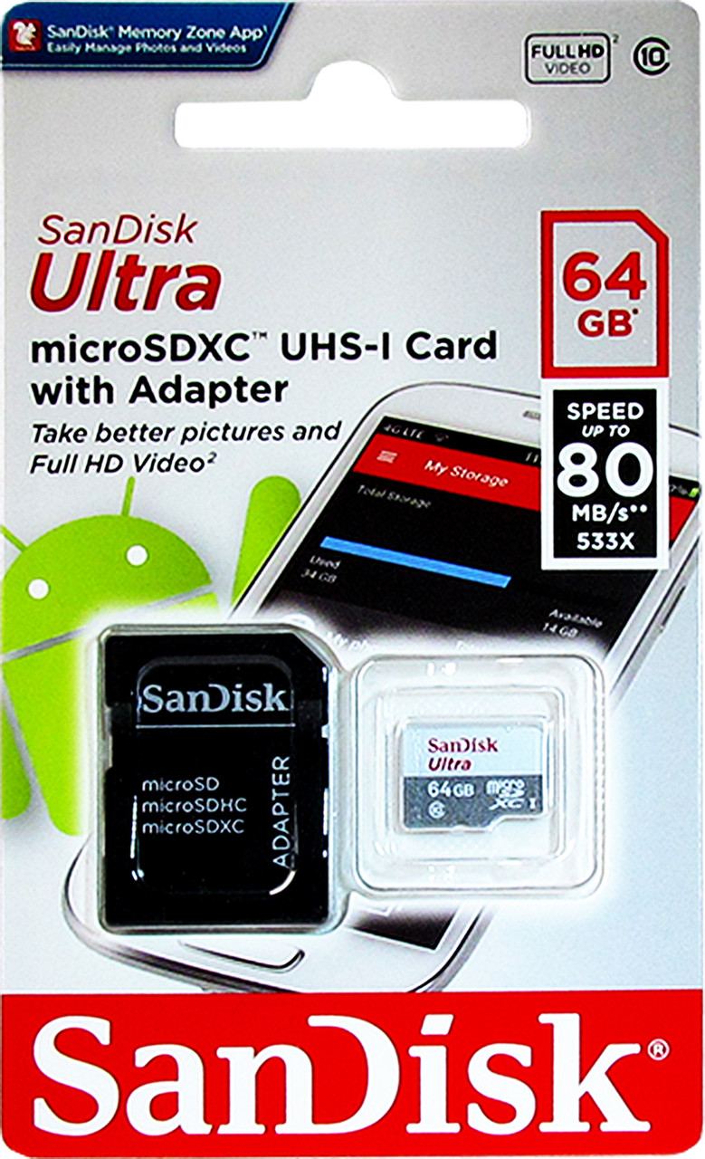Карта памяти MicroSDXC 64GB SanDisk Ultra® UHS-I, Class 10, 80 МБ/с - фото 1 - id-p123729323