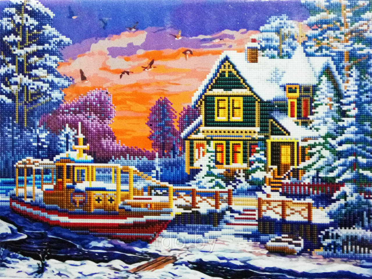 Алмазная раскраска по номерам Дом в зимнем лесу