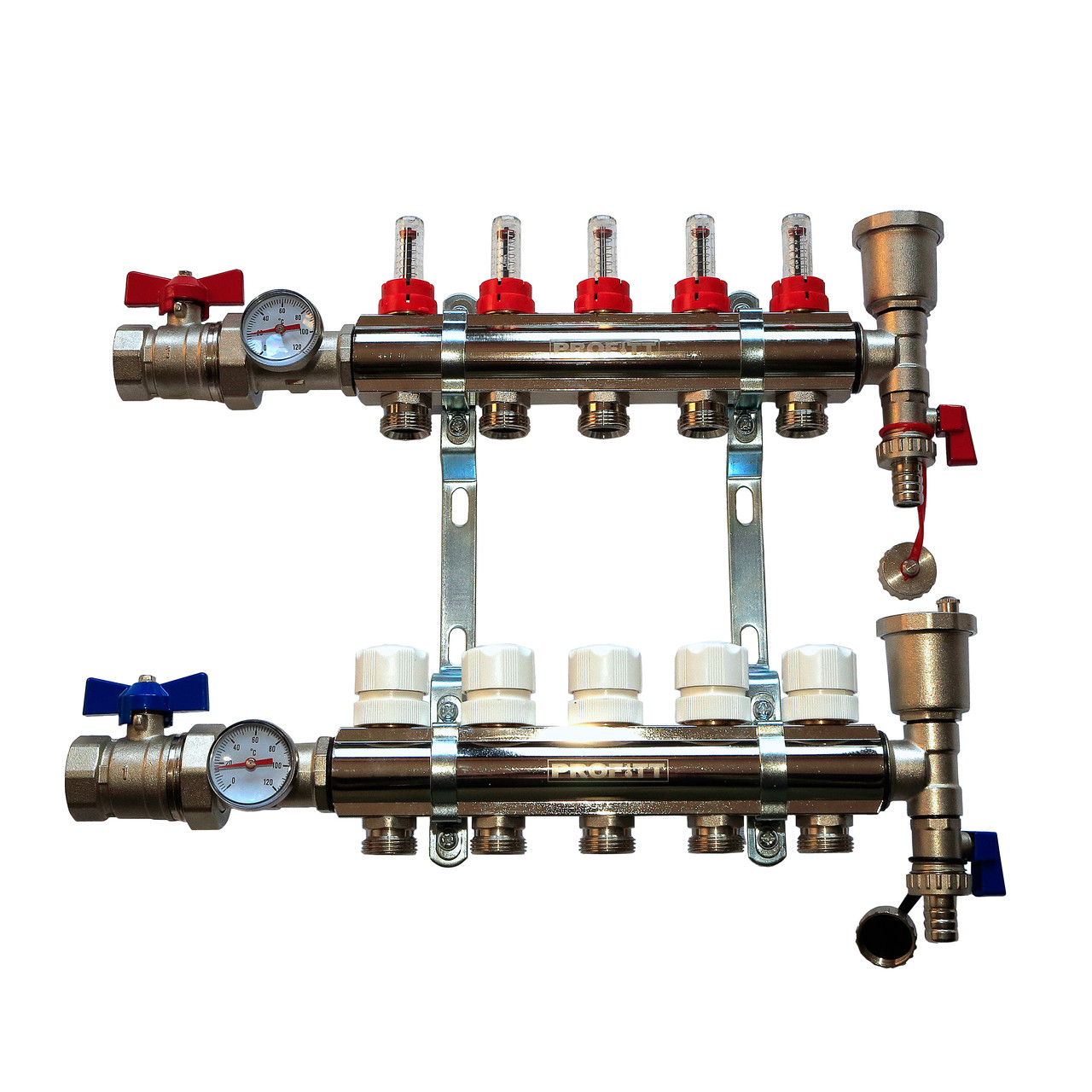 Латунный коллектор на 4 выхода PROFITT PF.101.1011-4 на в сборе с расходомерами для теплого пола - фото 1 - id-p123982045
