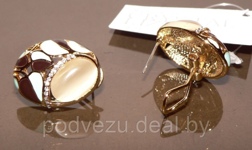 Серьги Чародейка с натуральным камнем кошачий глаз, под золото с кристаллами Сваровски. Германия оригинал - фото 2 - id-p5604970