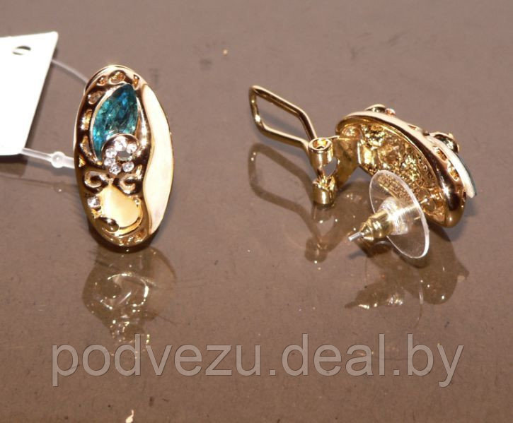 Серьги под золото с кристаллами Сваровски и натуральными камнями - перламутром, кошачьим глазом. Гонконг - фото 2 - id-p5802422