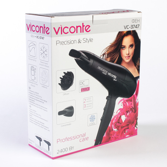 Фен Viconte VC-3747, 2400 Вт, 2 скорости, 3 температурных режима, диффузор, розовый - фото 2 - id-p124326718