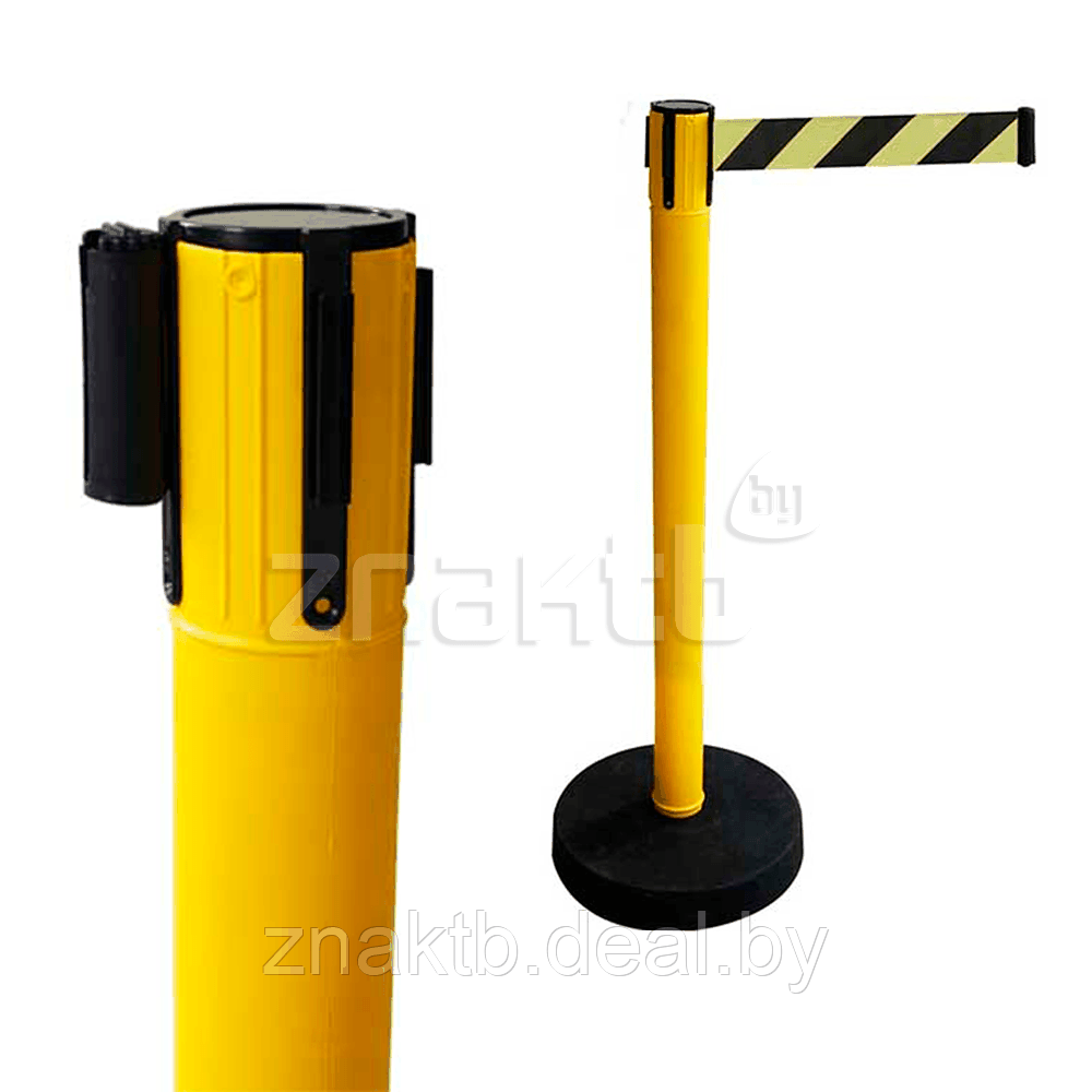 Стойка ограждения пластиковая желтая утяжеленное основание желто-черная лента - фото 1 - id-p124354001