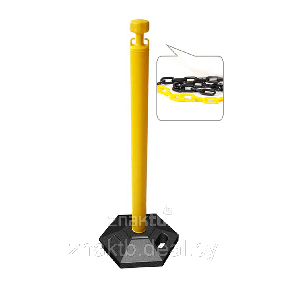 Стойка ограждения с цепью пластиковая желтая основание на колесиках желто-черная цепь - фото 1 - id-p124372563