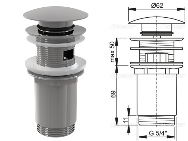 Водослив для умывальника click/clack 5/4, цельнометаллический с большой заглушкой, Alcaplast - фото 1 - id-p124377122