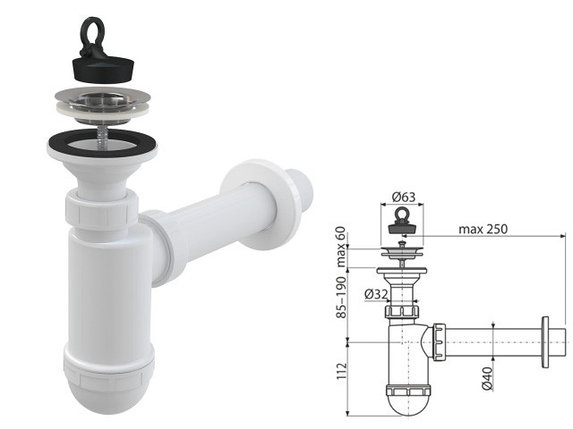 Сифон для умывальника O40 с нержавеющей peшeткой O63, Alcaplast, фото 2