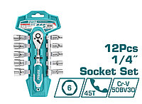Набор торцевых головок, 1/4, головки 5 - 14 мм, 10шт, малый, с трещоточным ключом TOTAL THT14114126