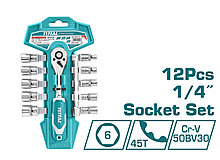 Набор торцевых головок, 1/4, головки 5 - 14 мм, 10шт, малый, с трещоточным ключом TOTAL THT14114126