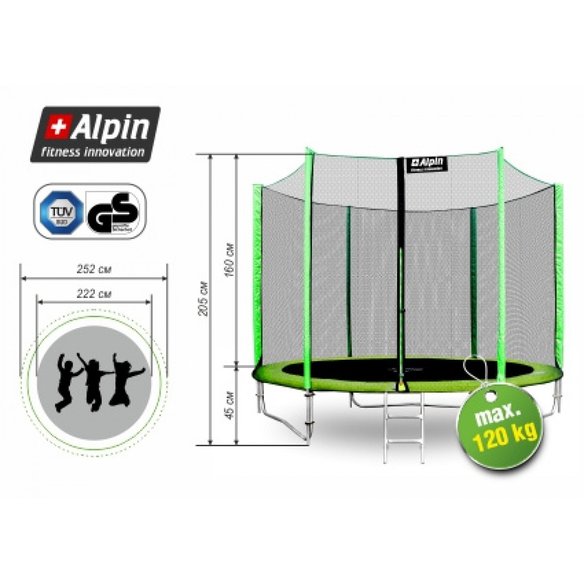 Батут Alpin 2.52 м с защитной сеткой и лестницей (зеленый)