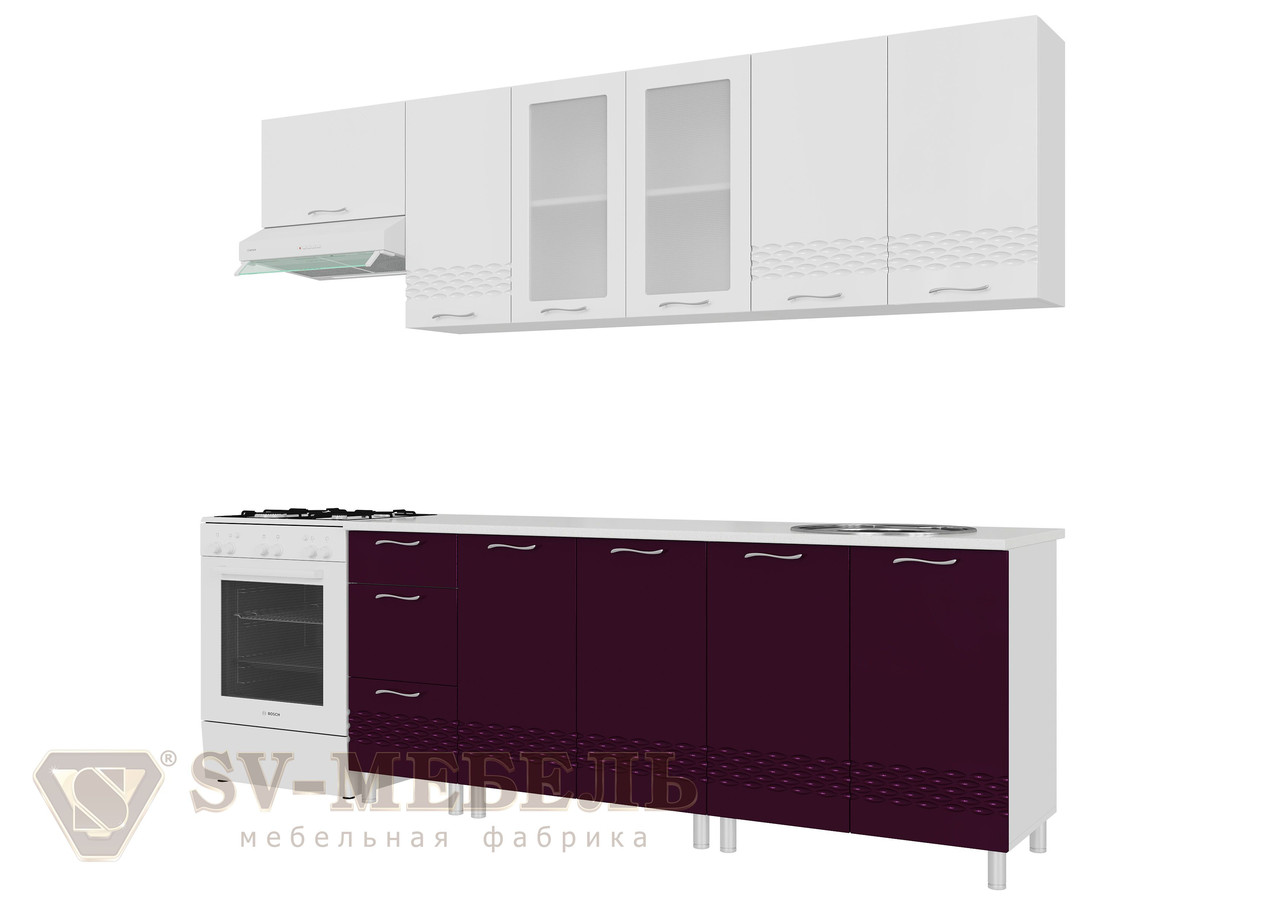 Кухонный гарнитур SV-мебель Волна (2,6 м) 720 Белый глянец/Баклажан/Корпус белый