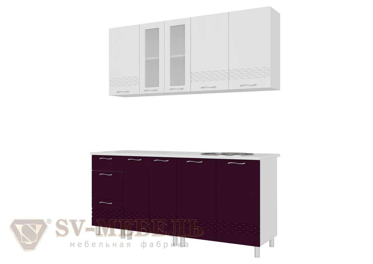 Кухонный гарнитур SV-мебель Волна (1,8 м) 720 Белый глянец/Баклажан/Корпус белый