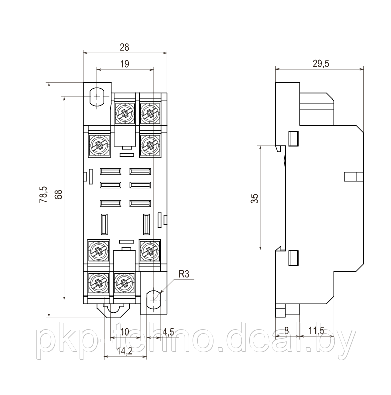 Монтажные колодки KIPPRIBOR PYF-025BE и PYF-045BE (для 2- и 4-контактных промежуточных реле серии REP) - фото 2 - id-p125732595