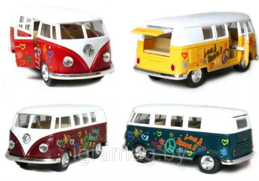 Машина металлическая Volkswagen Type 2 (T1) Transporter открываются двери, инерция 1:32 Kinsmart
