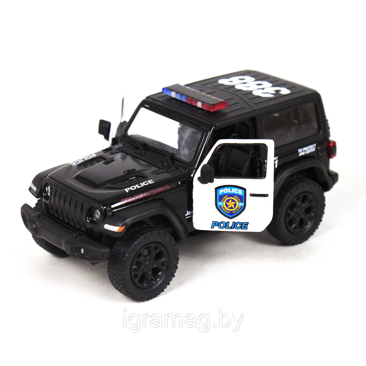 Машина металлическая 2018 Jeep Wrangler полиция открываются двери, инерция 1:34 Kinsmart
