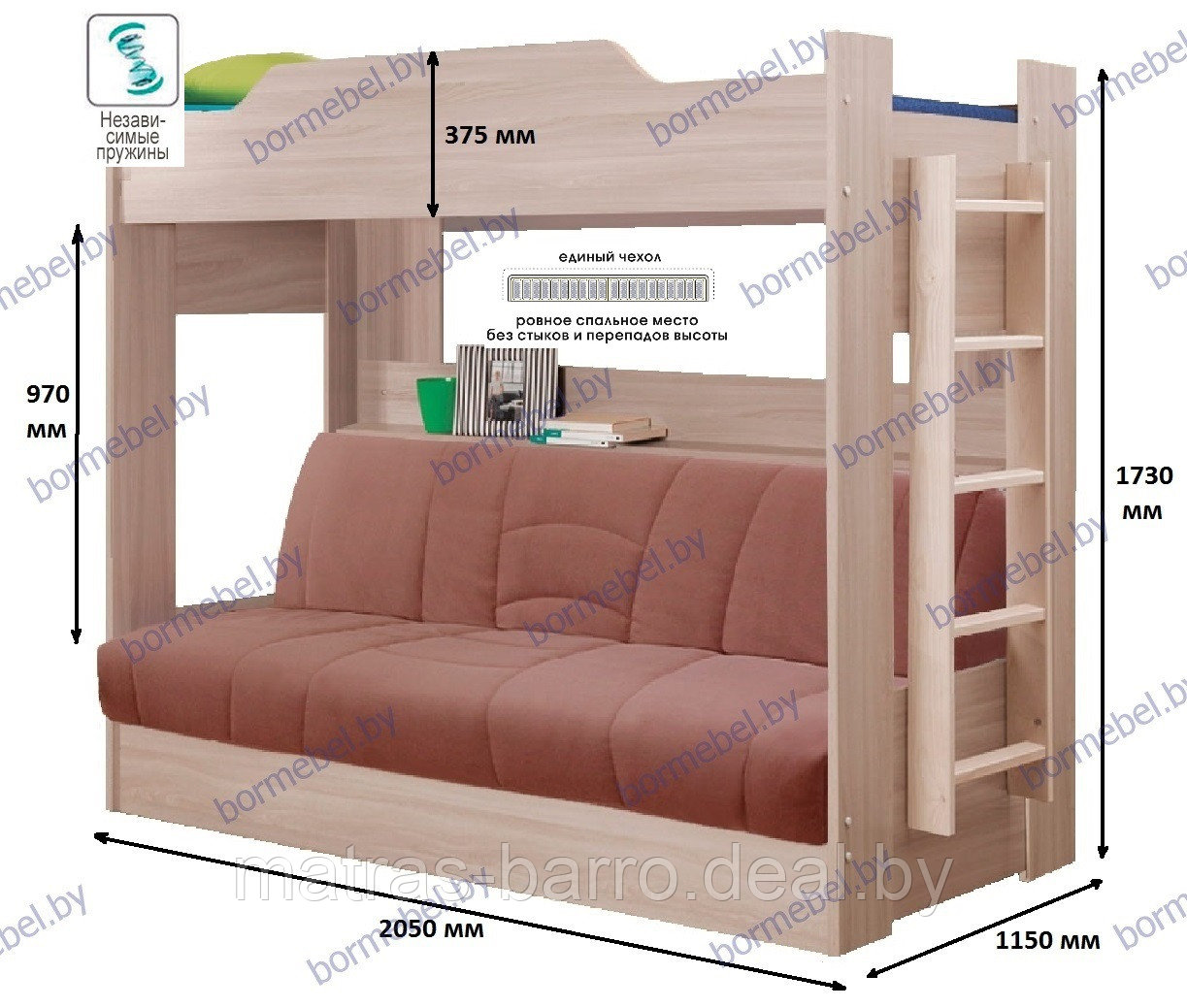 Двухъярусная кровать с диваном на независимом блоке пружин