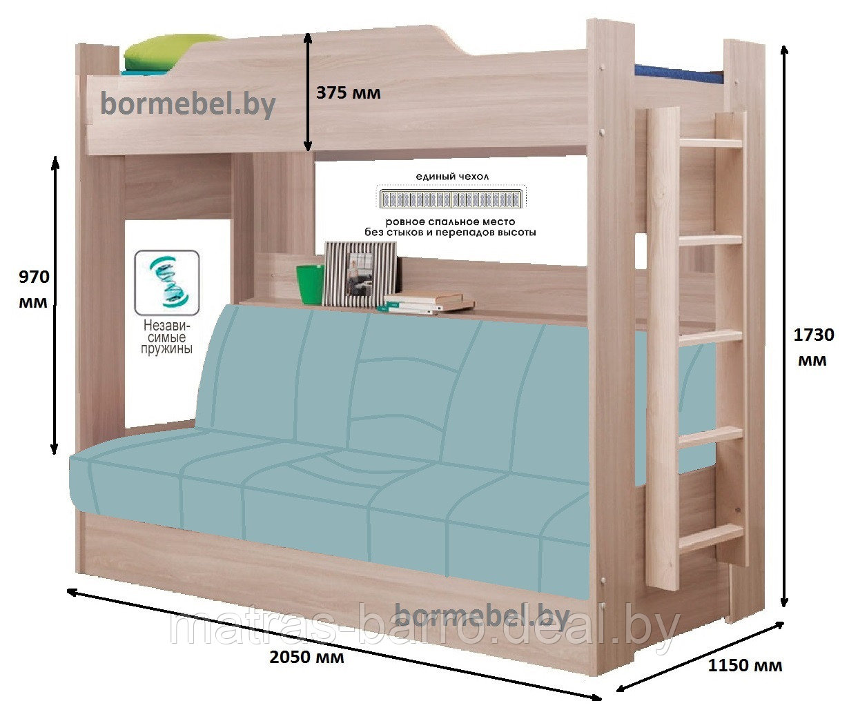 Двухъярусная кровать с диваном на независимом блоке пружин - фото 2 - id-p126104862