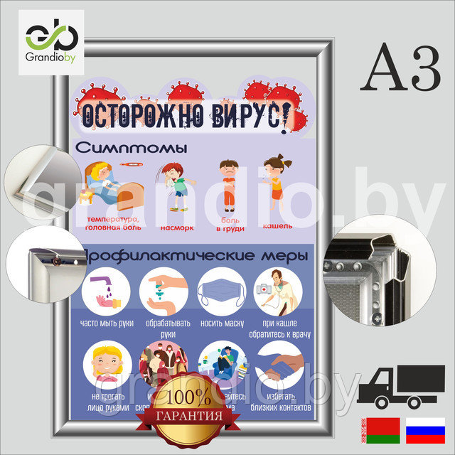 Плакат Coronavirus А3(30х40) в рамке клик профиль серебро