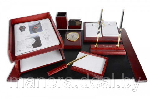 Набор настольный DELUCCI на 9 предметов с ЧАСАМИ красное дерево - фото 1 - id-p8431796