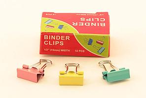 Зажимы для бумаг в наборе, цветные, 15 мм, 12 шт., Binder clips(работаем с юр лицами и ИП)