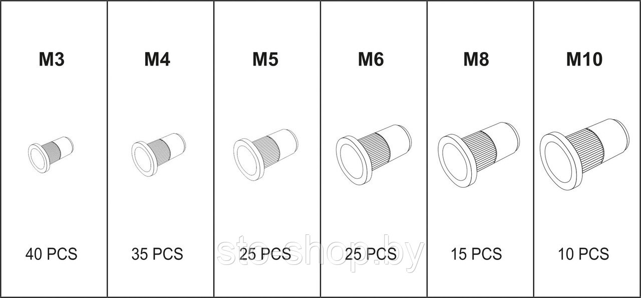 Заклепки резьбовые стальные М3-М10 набор 150шт Yato YT-36481 - фото 4 - id-p126748833