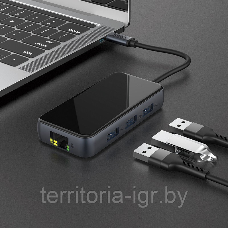 Разветвитель USB-Хаб Type-C на USB3.0*3+HDMI+Type-C+RJ45 HB16 Hoco - фото 6 - id-p127234787