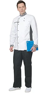 Китель "СИРИУС-Шеф" мужской белый с отделкой черно-белая клетка