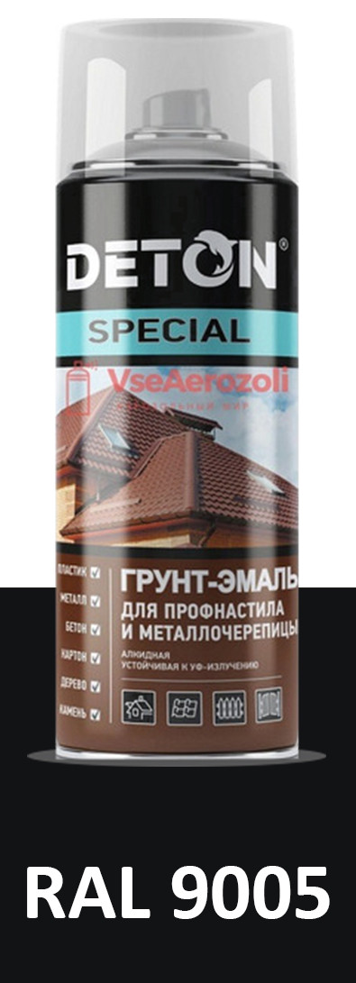 Грунт-эмаль DETON SPECIAL (Черный RAL 9005) для профнастила и металлочерепицы, аэрозоль 520 мл