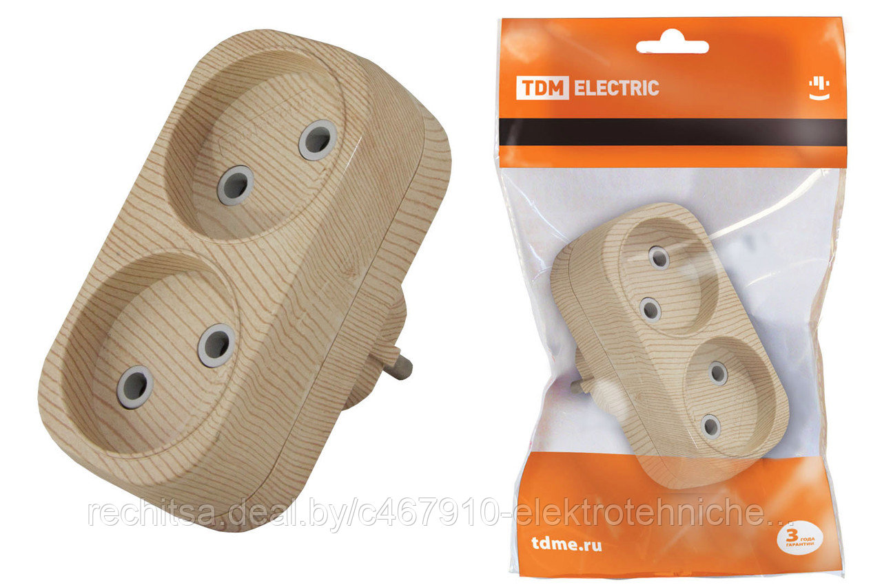 Блок на 2 гнезда 2П б/з плоский 6А 250B "Эко" (сосна) TDM