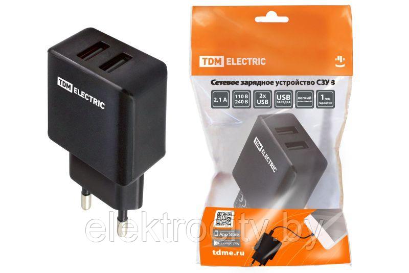 Сетевое зарядное устройство, СЗУ 4, 2,1 А, 2 USB, черный, TDM - фото 1 - id-p127746650