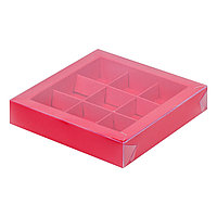 Коробка для 9 конфет Красная матовая с пластиковой крышкой (Россия, 155х155х30 мм)